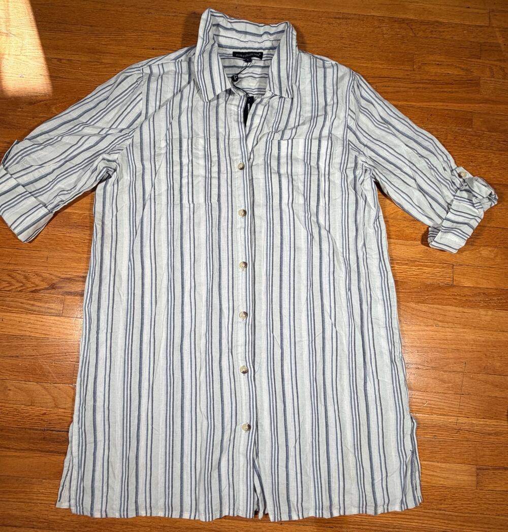 NWT Club Z Collection Women’s L Blue White Striped Tunic Shirt Dress Cover-Up